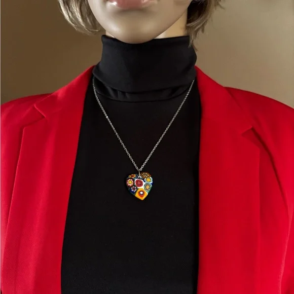 Millefiori Murano Glass Heart Pendant Necklace - Picture 3 of 10